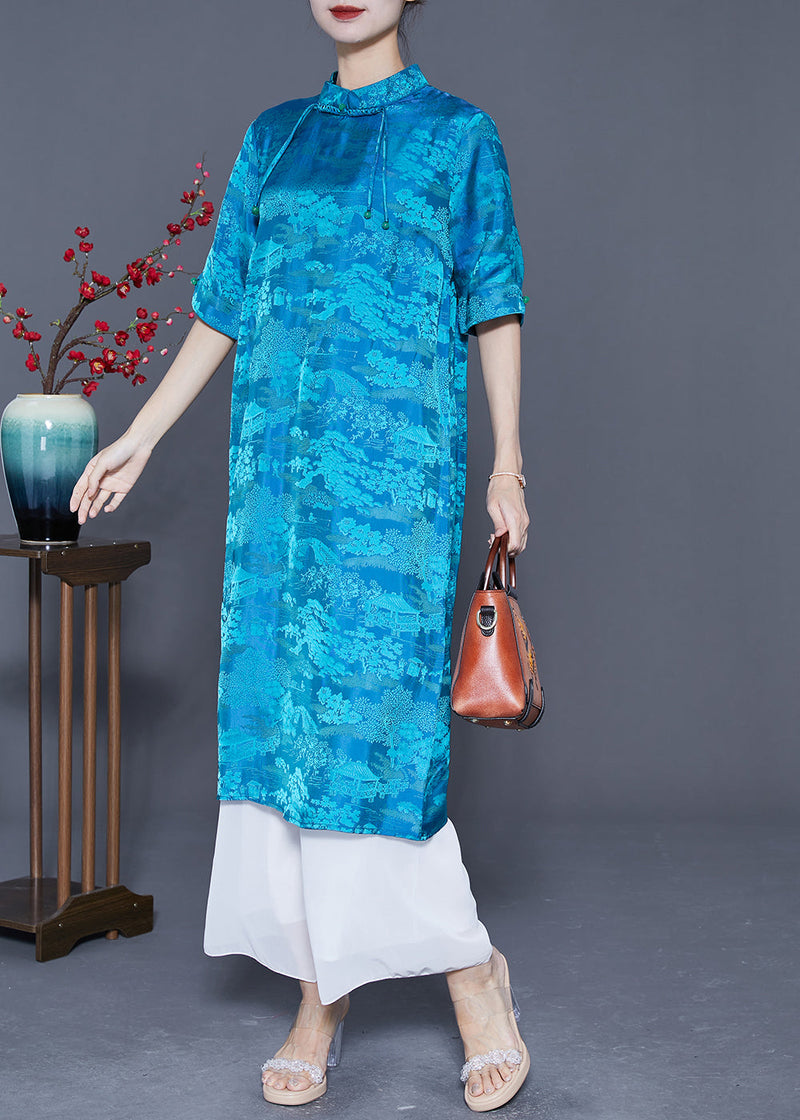 Blue Mandarin Collar Print Tassel Silk Robe Dresses Summer