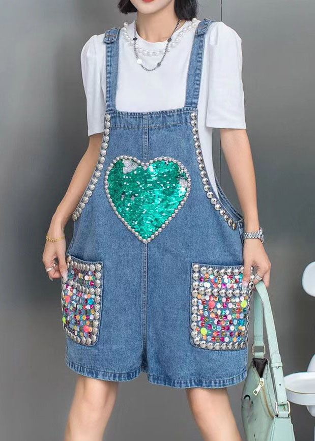 Blue Nail Bead Sequins Patchwork Denim Jumpsuit Shorts Summer
