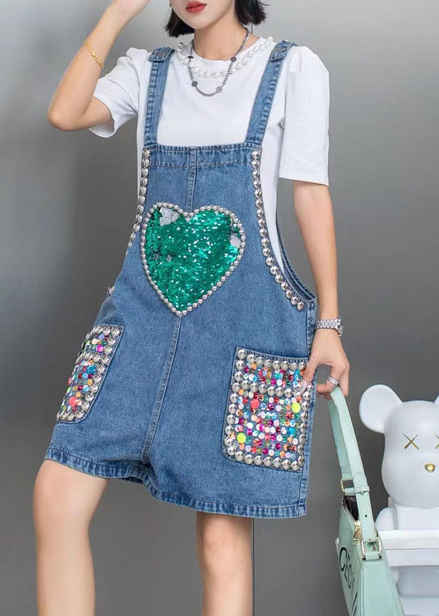 Blue Nail Bead Sequins Patchwork Denim Jumpsuit Shorts Summer