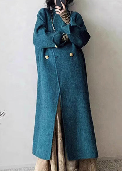 Blue Notched Button Woolen Maxi Coats Winter