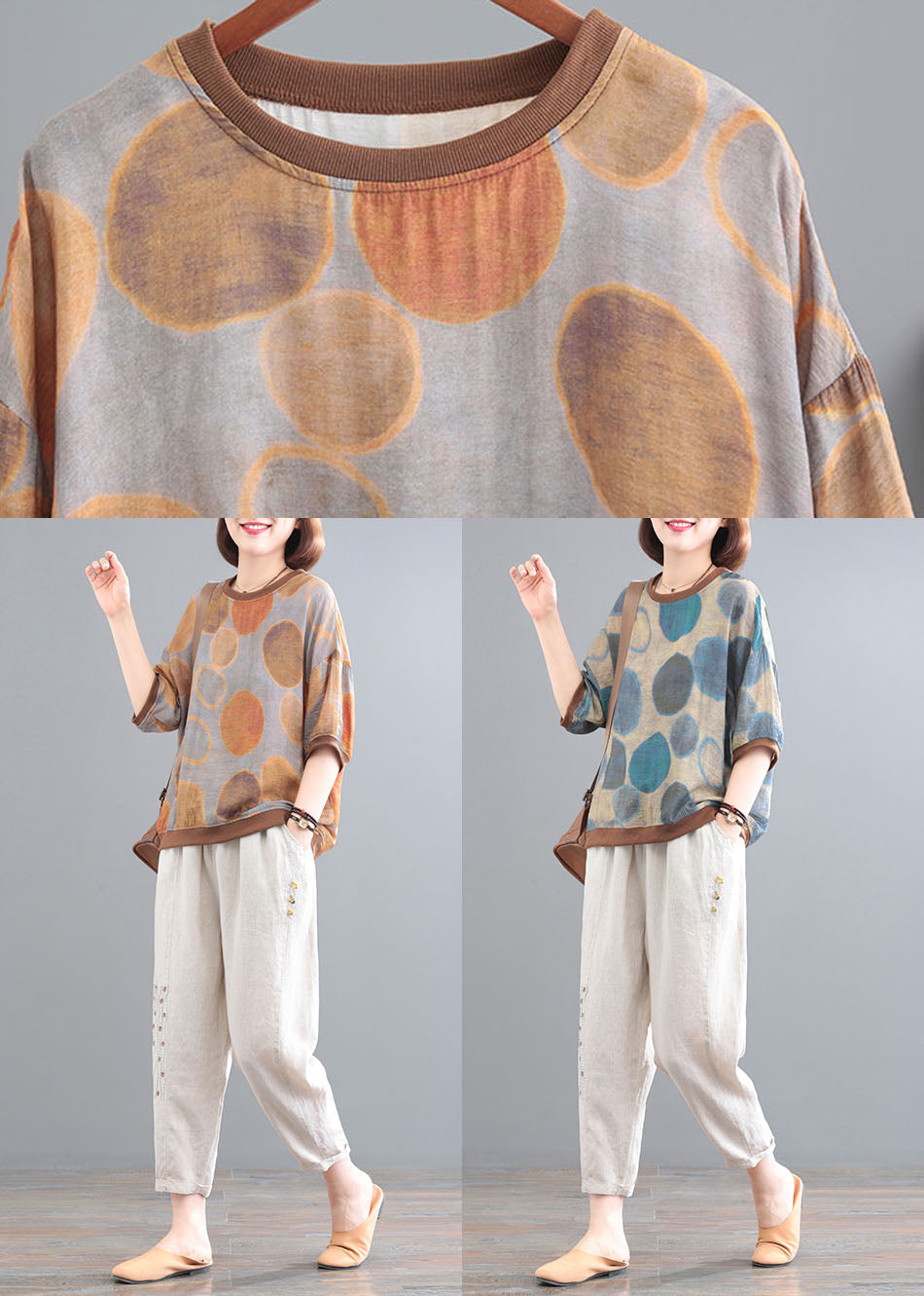 Blue O-neck Dot Print Linen Tops and Pants Two Pieces Set Summer