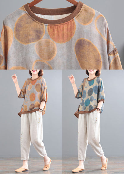 Blue O-neck Dot Print Linen Tops and Pants Two Pieces Set Summer