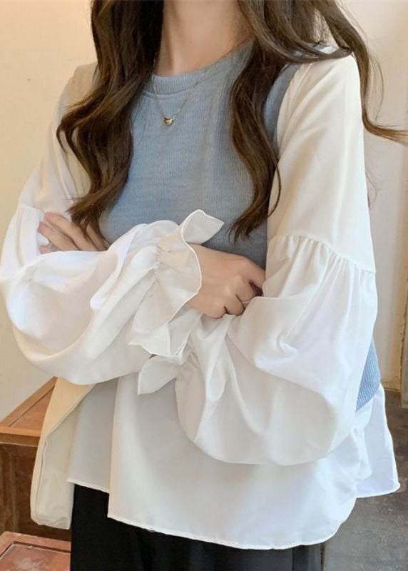 Blue O-neck Patchwork Cotton Fake Two Piece Blouses Petal Sleeve