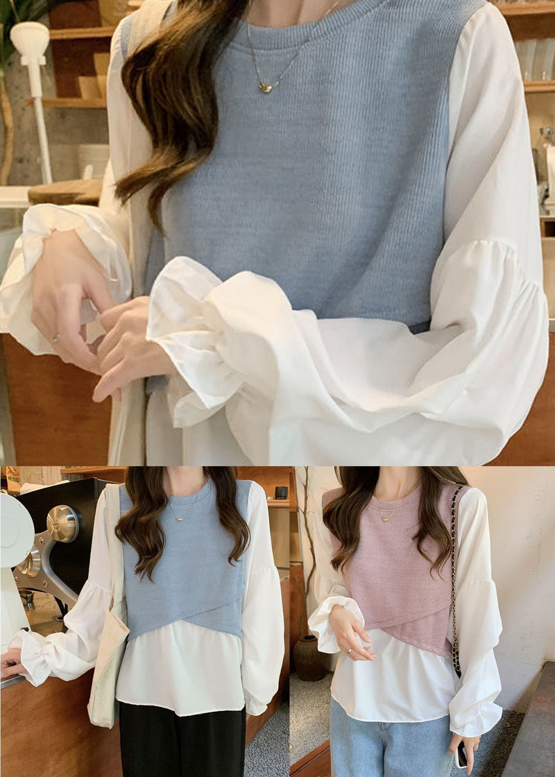 Blue O-neck Patchwork Cotton Fake Two Piece Blouses Petal Sleeve