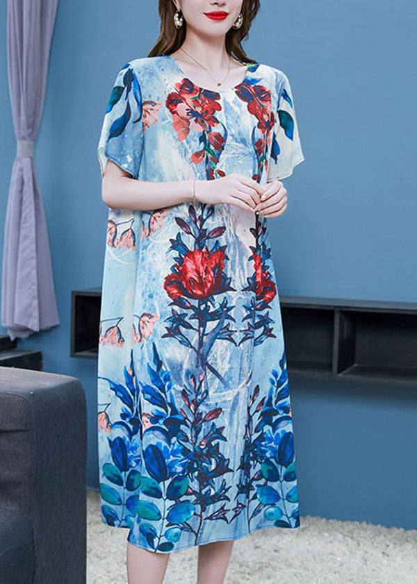 Blue O Neck Print Patchwork Chiffon Dresses Summer