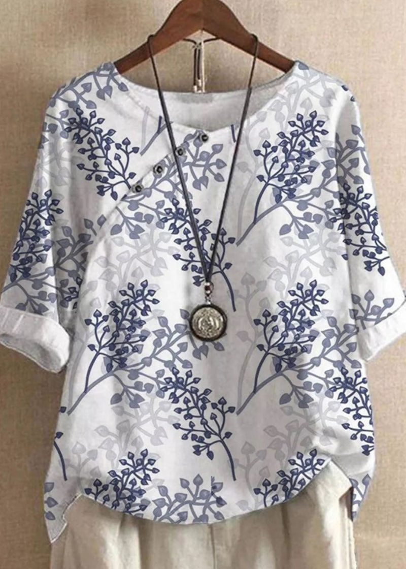 Blue O Neck Print Patchwork Cotton T Shirts Summer