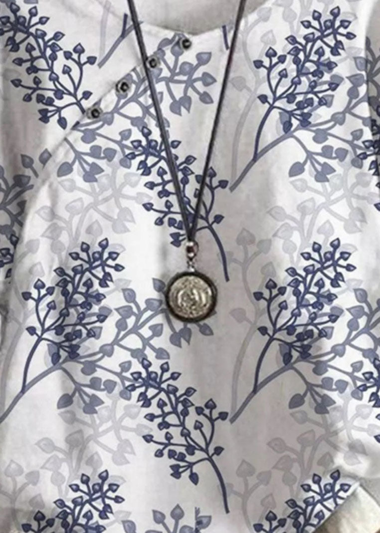 Blue O Neck Print Patchwork Cotton T Shirts Summer