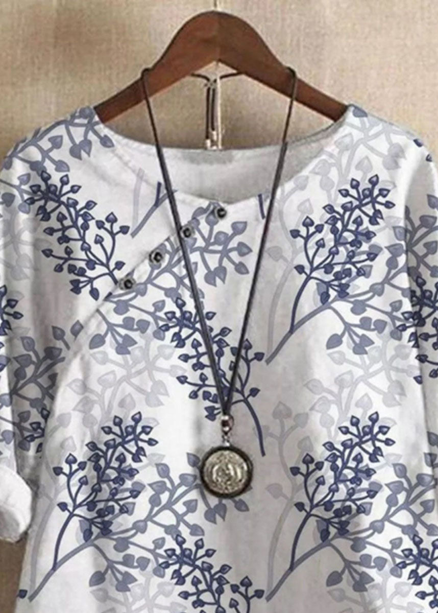 Blue O Neck Print Patchwork Cotton T Shirts Summer