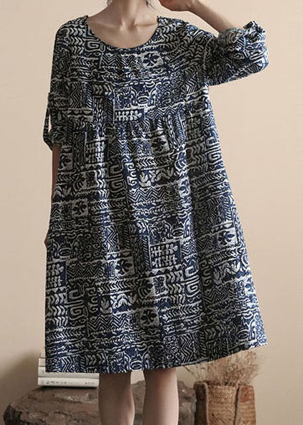 Blue O Neck Print Patchwork Linen Dress Long Sleeve