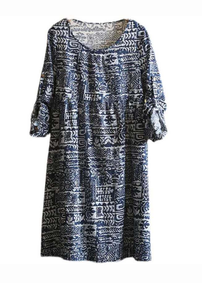 Blue O Neck Print Patchwork Linen Dress Long Sleeve