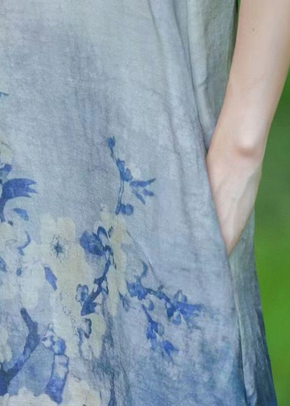 Blue O Neck Print Patchwork Linen Long Dress Summer