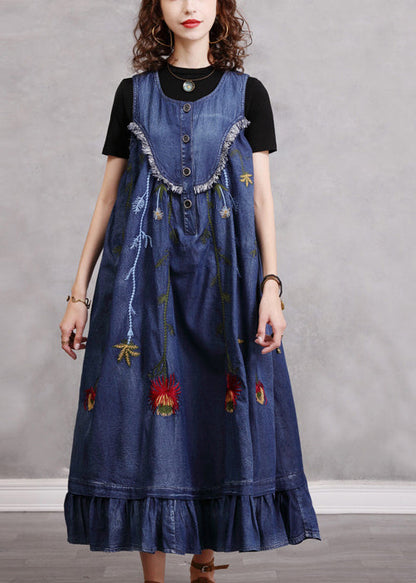 Blue O-neck Ruffled Embroideried Patchwork Cotton Denim Dress Sleeveless