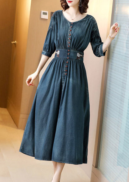 Blue O-neck Wrinkled Tunic Cotton Denim Maxi Dress Long Sleeve