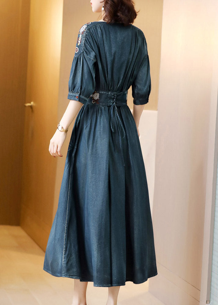 Blue O-neck Wrinkled Tunic Cotton Denim Maxi Dress Long Sleeve