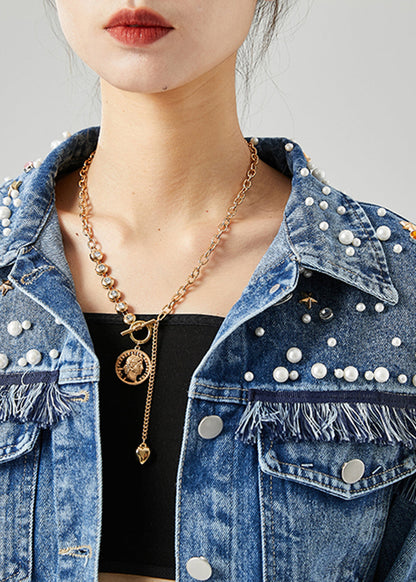 Blue Oversized Patchwork Nail Bead Denim Coats Spring