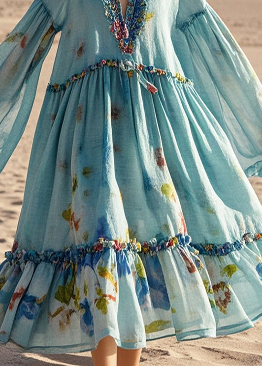 Blue Oversized Print Cotton Beach Dress Spring