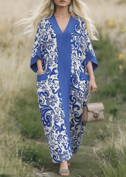 Blue Oversized Print Cotton Maxi Dresses Spring