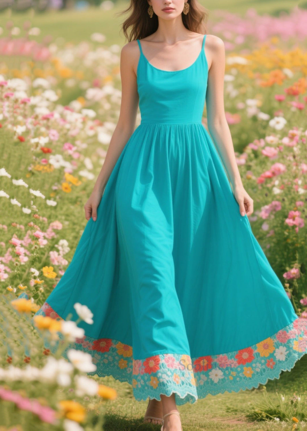 Blue Patchwork Exra Large Hem Cotton Long Dresses Summer