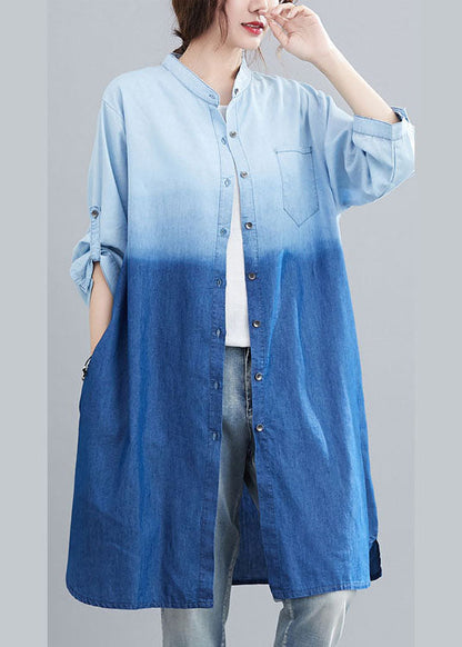 Blue Pockets Button Gradient Color Fall Denim Trench Long Sleeve