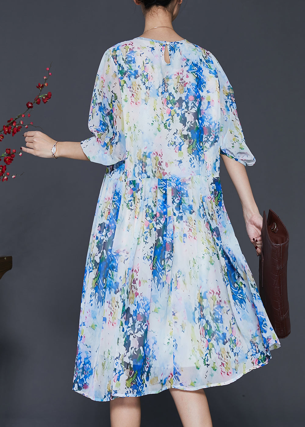 Blue Print Chiffon Mid Dress Lantern Sleeve