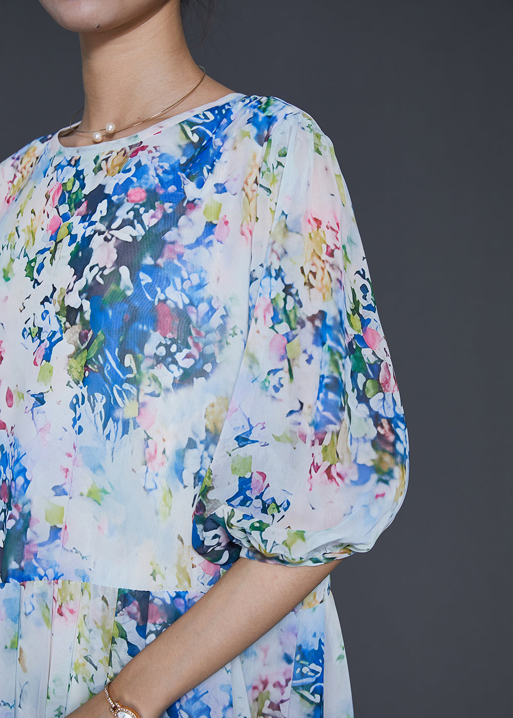 Blue Print Chiffon Mid Dress Lantern Sleeve