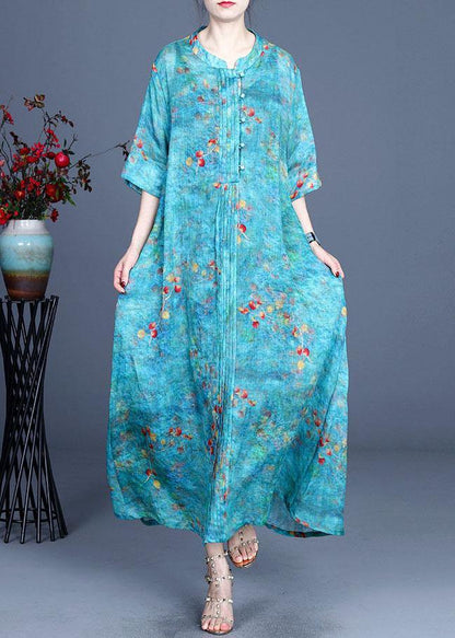 Blue Print O-neck Summer Ramie Long Dress Half Sleeve