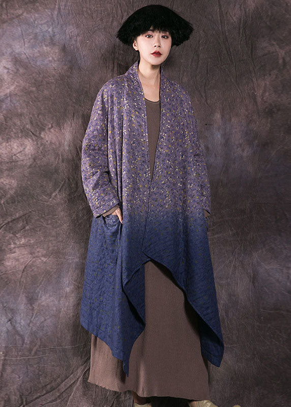 Blue Print Pockets Fine Cotton Filled Winter Wrap Coat