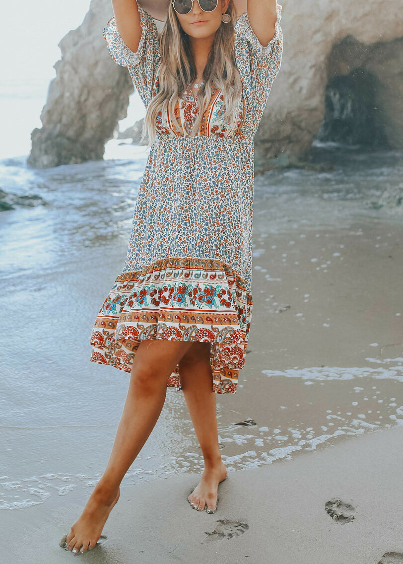 Blue Print V Neck Chiffon Dress Half Sleeve