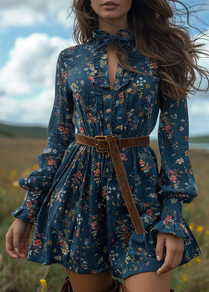 Blue Ruffled Print Cotton Short Dresses Long Sleeve