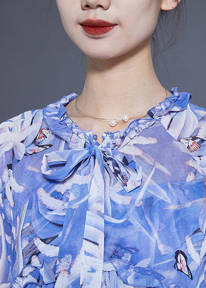 Blue Ruffled Print Exra Large Hem Silk Beach Dresses Lantern Sleeve