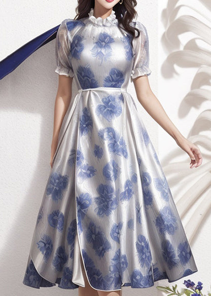 Blue Ruffled Print Silk Dresses Short Sleeve