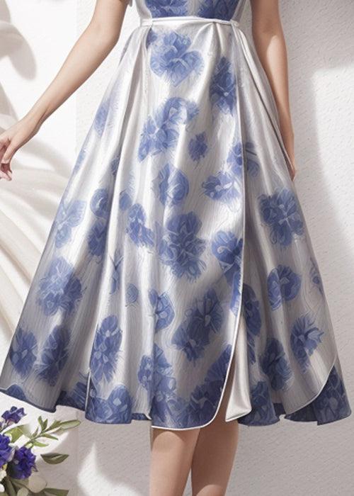 Blue Ruffled Print Silk Dresses Short Sleeve