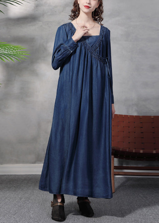 Blue Square Collar Tie Waist Cotton Dresses Long Sleeve