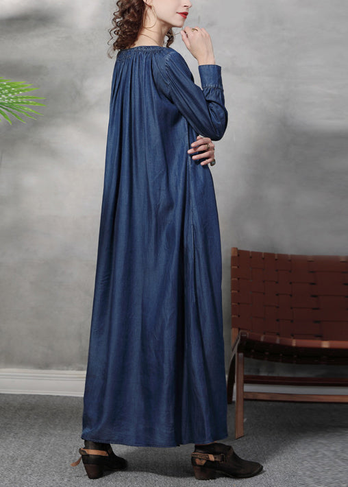 Blue Square Collar Tie Waist Cotton Dresses Long Sleeve