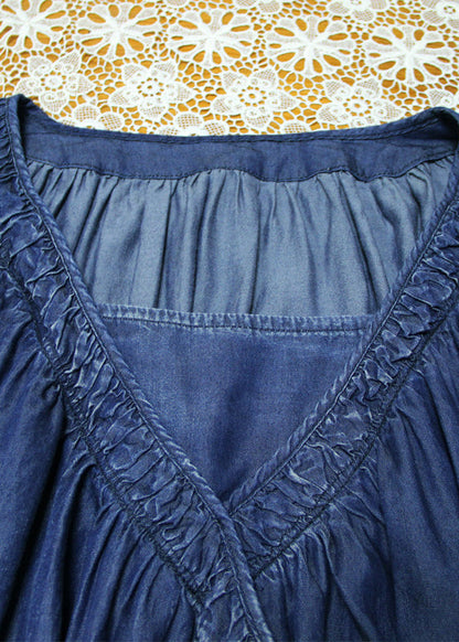 Blue Square Collar Tie Waist Cotton Dresses Long Sleeve