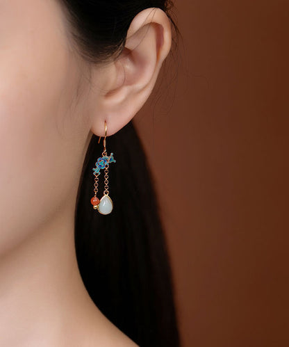 Blue Sterling Silver Gold Plated Cloisonne Jadeite Water Drop Jade Drop Earrings