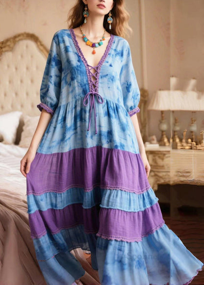 Blue Tie Dye Patchwork Cross Strap Holiday Dress Summer