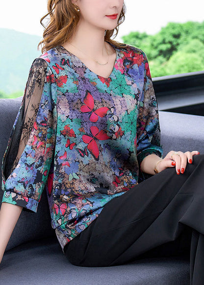 Blue V Neck Butterfly Print Lace Patchwork Silk Shirt Half Sleeve