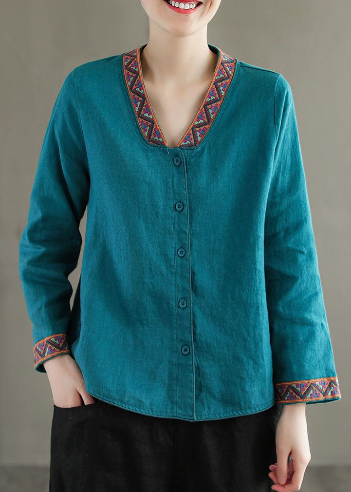 Blue V Neck Embroideried Patchwork Linen Shirts Top Spring