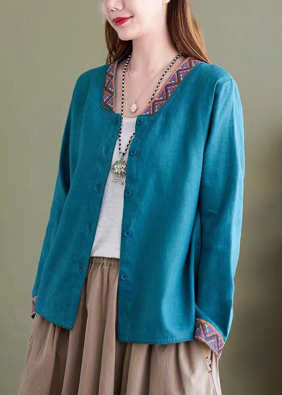Blue V Neck Embroideried Patchwork Linen Shirts Top Spring