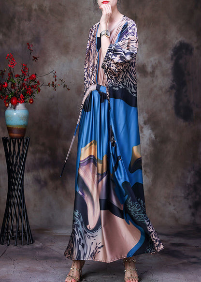Blue V Neck Patchwork Print Drawstring Pockets Silk Dress Long Sleeve