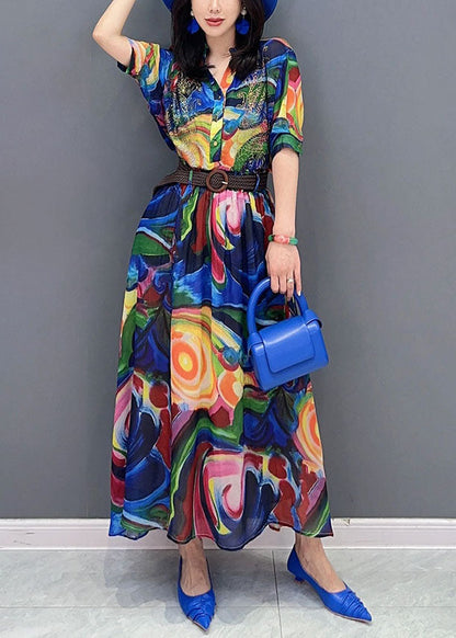 Blue Wrinkled Print Patchwork Chiffon Shirts Dresses Summer