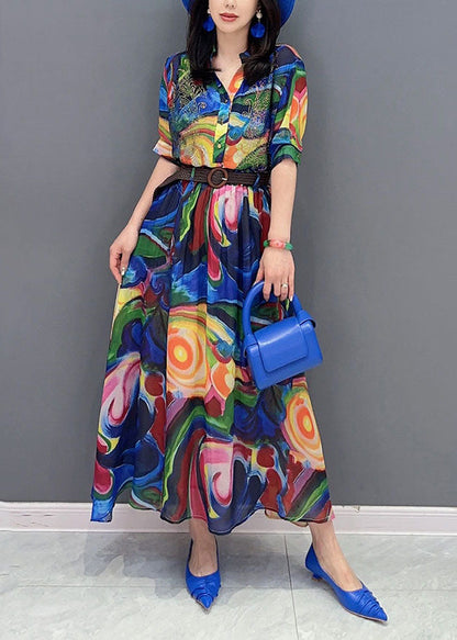 Blue Wrinkled Print Patchwork Chiffon Shirts Dresses Summer