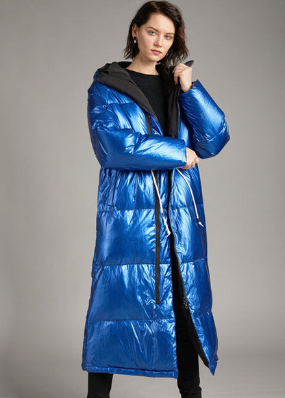 Blue Hooded Pockets Long Winter Duck Down Coat