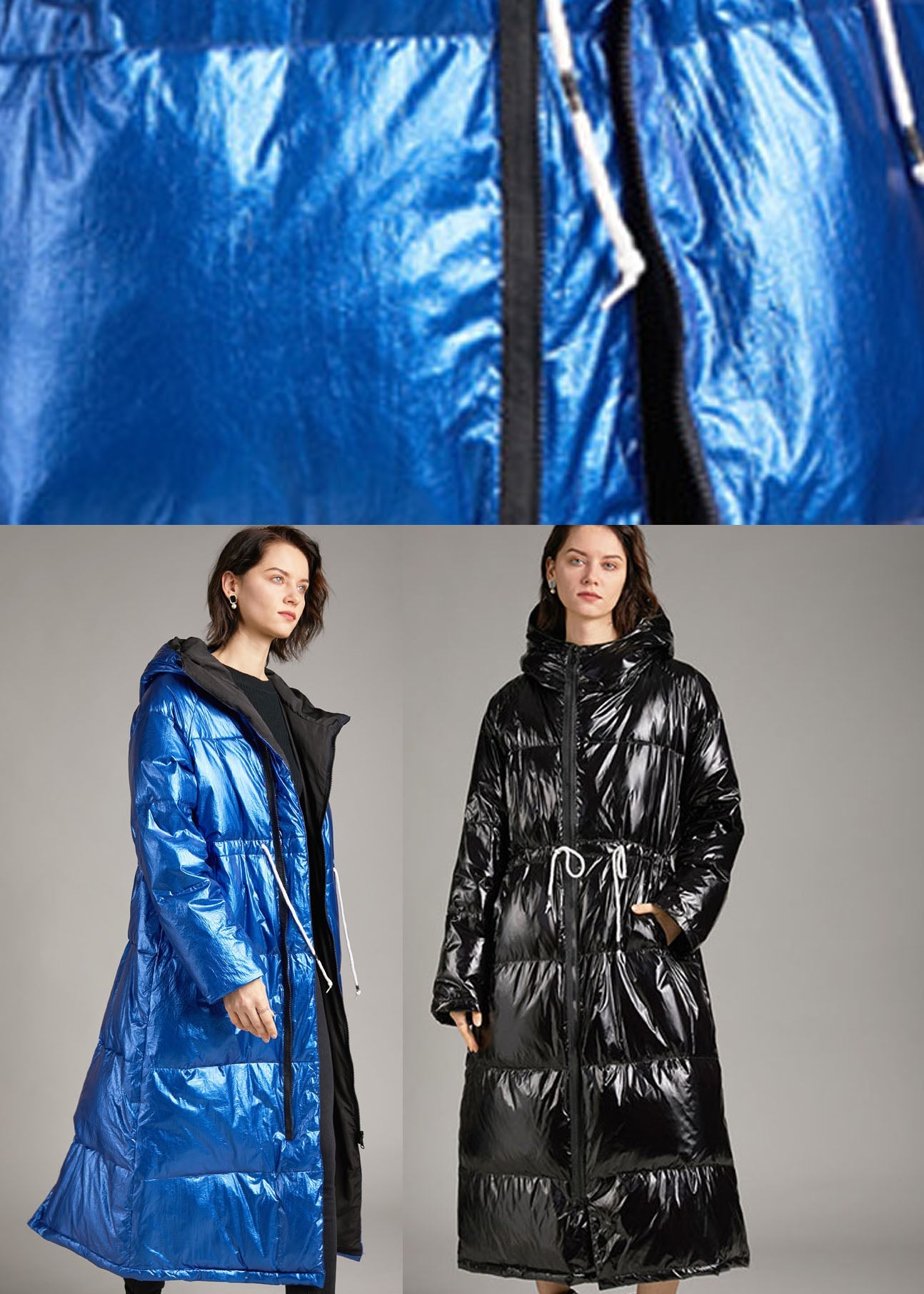 Blue Hooded Pockets Long Winter Duck Down Coat