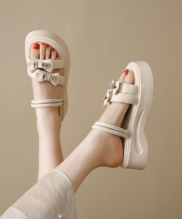 Bow Zircon Splicing Platform Black Faux Leather Slide Sandals