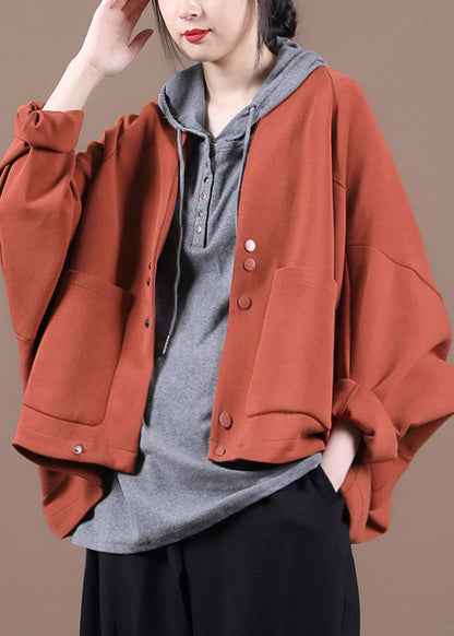 Brick Red Bat Wing Sleeve Pockets Button Fall Top
