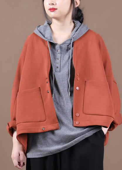 Brick Red Bat Wing Sleeve Pockets Button Fall Top