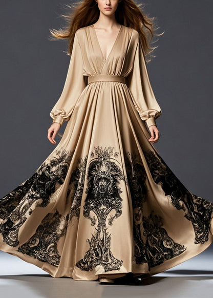Brown Cinched Print Exra Large Hem Silk Long Dress Spring
