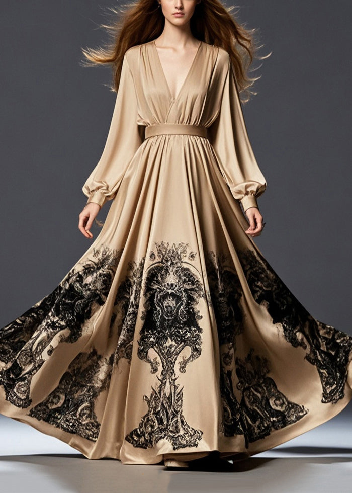 Brown Cinched Print Exra Large Hem Silk Long Dress Spring